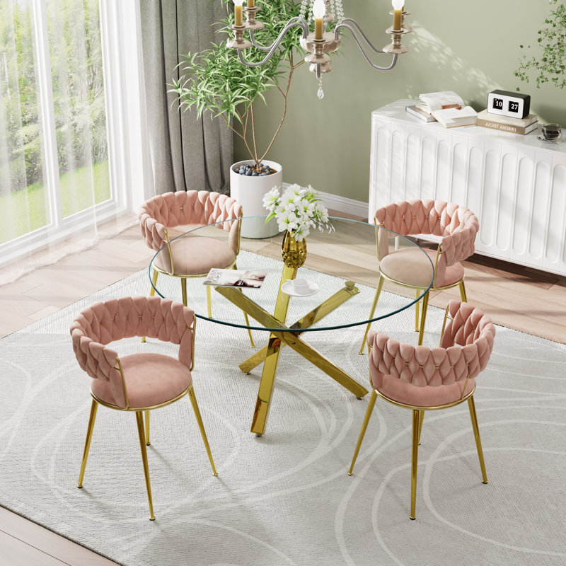 4 - Person Three Leg Dining Set, 29.5"H x 47.24"L x 47.24"W, Pink/Gold, Gold