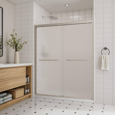 43"-48" W x 76" H Aluminum Semi-frameless Double Sliding Shower Door in Brushed Nickel with 1/4" Frosted Tempered Glass, Dual Handle