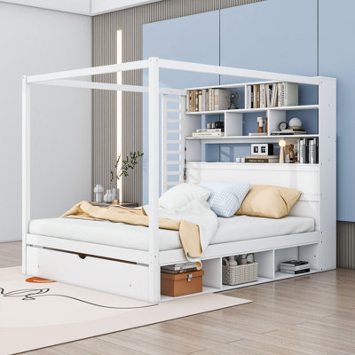 Wood Canopy Bed with Bookcase Headboard, Drawer, LED Lights and USB Charging Ports