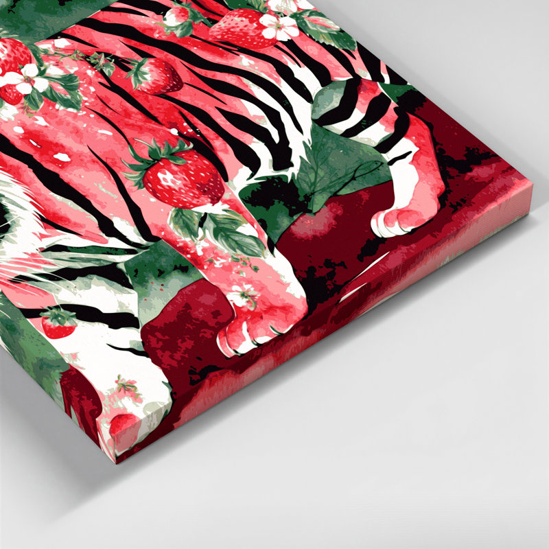 «Big Cats», fraise et tigre sur toile beige, H 16 po x l 20 po