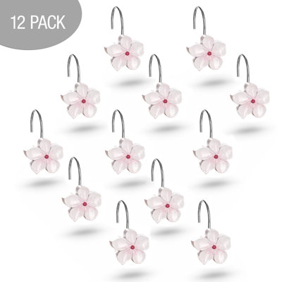 Ensemble de 12 crochets de rideau de douche à motif floral blanc et rose - Anneaux de rideau de douche décoratifs pour rideau - Crochets de douche Spring Blossom pour rideau de douche