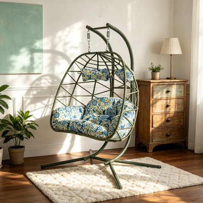 2 Person Double Hanging Egg Chair, Oversized Wicker Rattan Loveseat Swing Chair, Heavy Duty 600lbs Capacity, Foldable Basket Hammock Chair with Thick Cushion for Indoor Outdoor Patio Bedroom(Green+Floral)