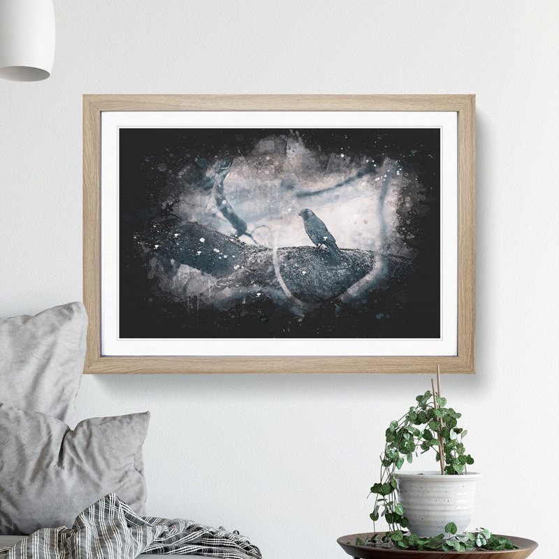 Bird On The Tree Paint Splash - Framed Print, Oak Framed, 33cm H x 45cm W x 2cm D