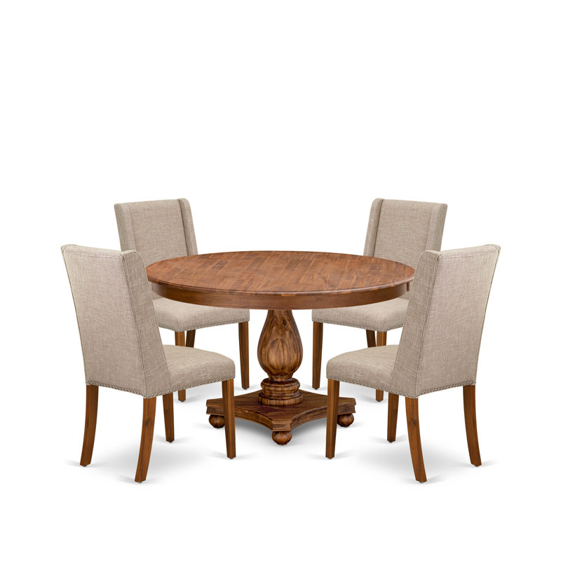 5-piece Dining Table Set consists of a mid century table and 4 Light Tan Linen Fabric dinner chairs with Padded Back - Antique Walnut