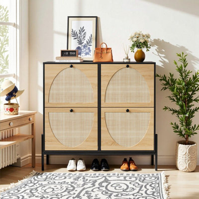 Space-Saving Rattan Shoe Cabinet With 4 Flip-Down Doors For Entryway Storage