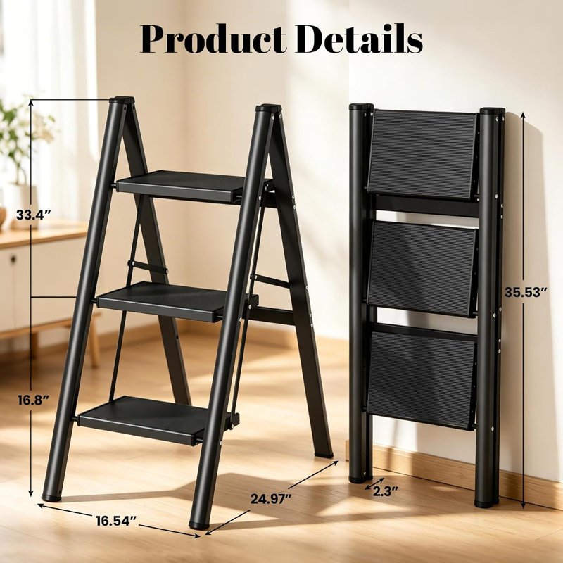 3 Step Ladder, Lightweight Aluminum Folding Step Stoo, Black
