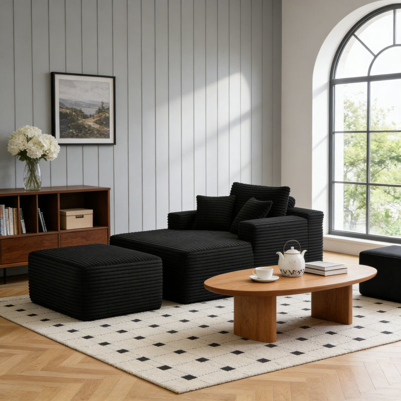 47" Boneless Cloud Corduroy Compression Single Sofa with Ottoman Footrest, No Assembly, Independent Pocket Springs & High Resilience Foam Small Couch for Bedroom Apartment