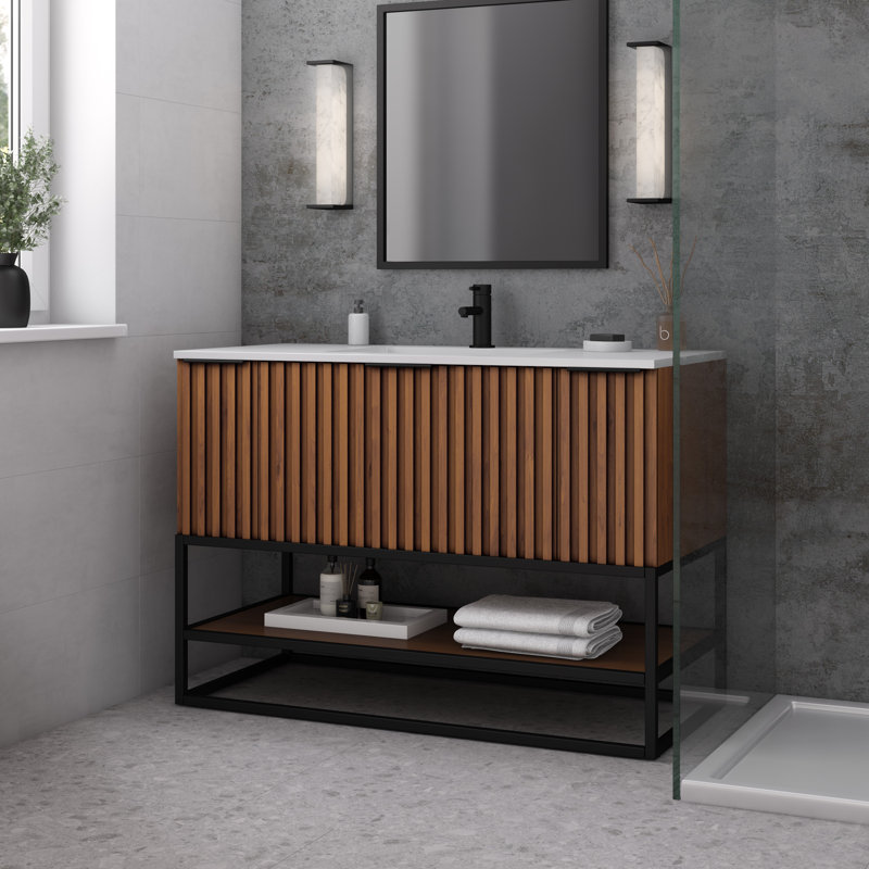 Terra 48'' Single Bathroom Vanity with Top, Carrara Marble/Single Faucet Mount, Walnut, Matte Black
