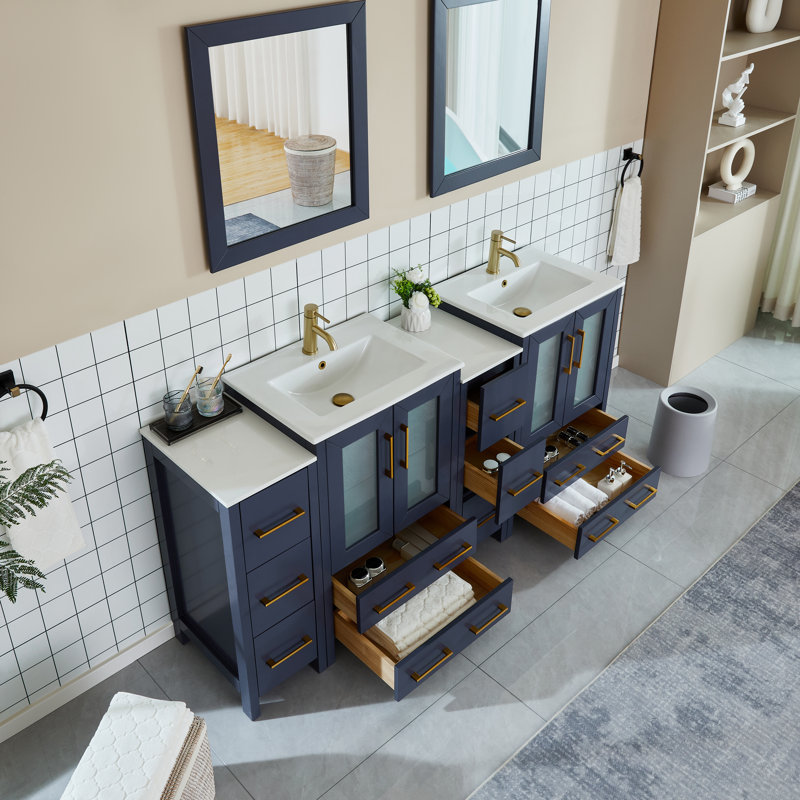  Ensemble de meuble-lavabo double 72 po avec miroir Modern, Bleu