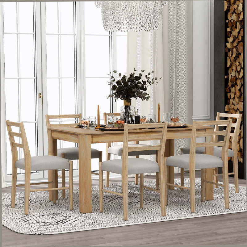 Ensemble de table de salle à manger en bois 7 pièces Farmhouse, Bois naturel délavé