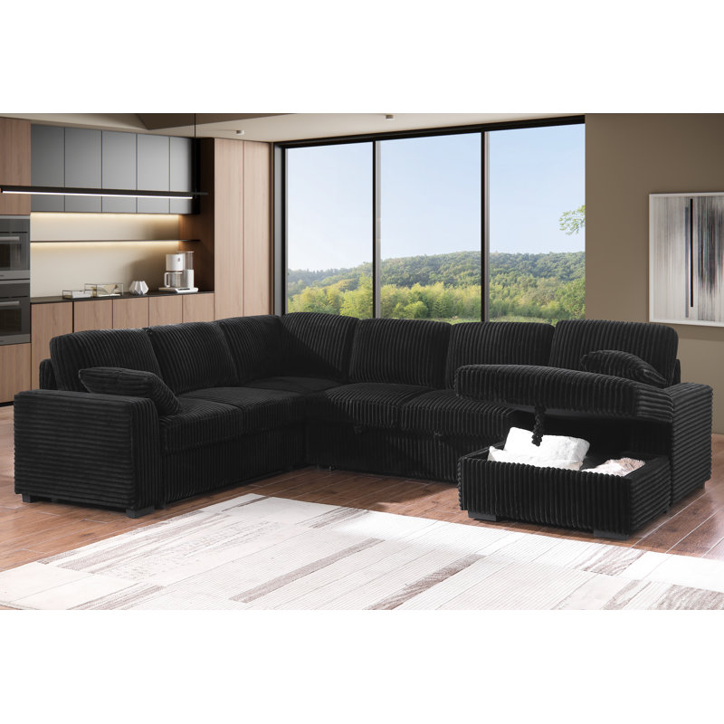Canapé-lit modulaire en L escamotable avec méridienne de rangement, Noir, noir, noir, noir