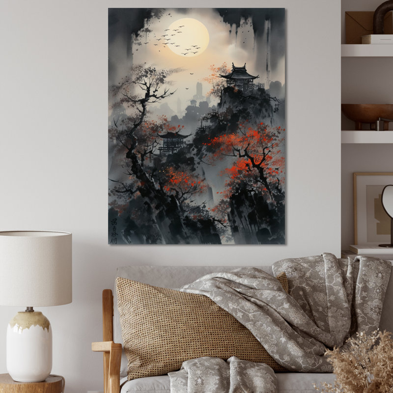 Fabens Red Moonset Raven Cry Japon II, H 32 po x l 24 po x P 1 po, Toile tendue