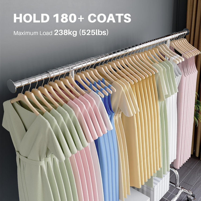 Heavy Duty Clothes Rail 238kg (525lbs) Capacity, Extendable Hanging Rack with Lockable Wheels & Shelves, Silver