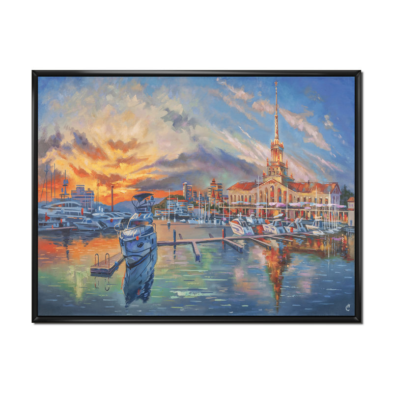 «Evening In The Seaport», reproduction sur toile, H 34 po x l 44 po, Toile à cadre flottant noir