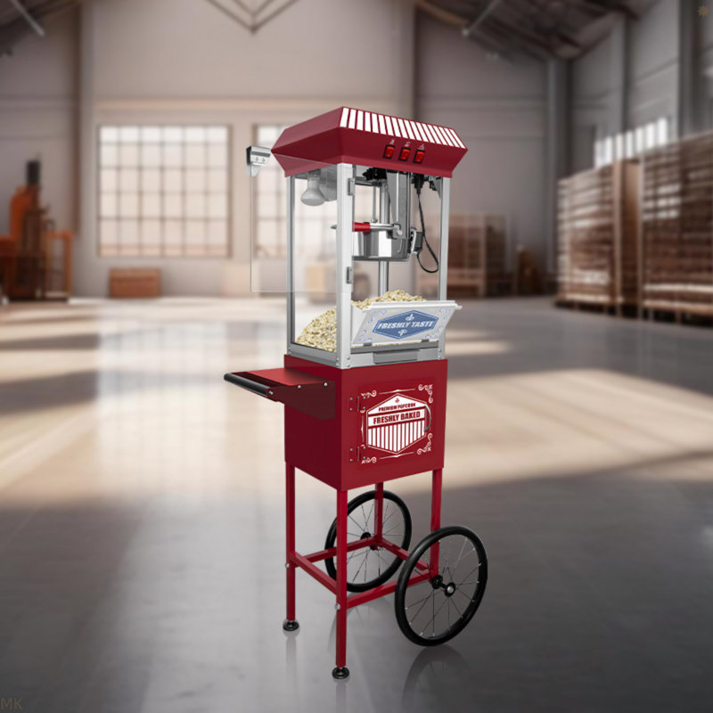 XH-P831-Machine à maïs soufflé de style cinéma avec chariot et bouilloire de 12 onces - rouge, style rétro sur roulettes