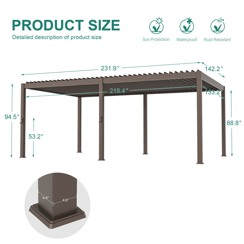 Aluminum Pergola with Louvered Canopy, 12 Ft. x 20 Ft.	, Brown