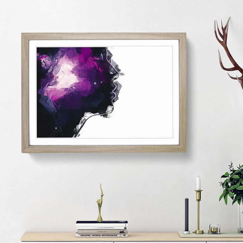 Her Galaxy in Pink & Purple in Abstract - Picture Frame Painting Print, Oak Framed, 27cm H x 36cm W x 2cm D