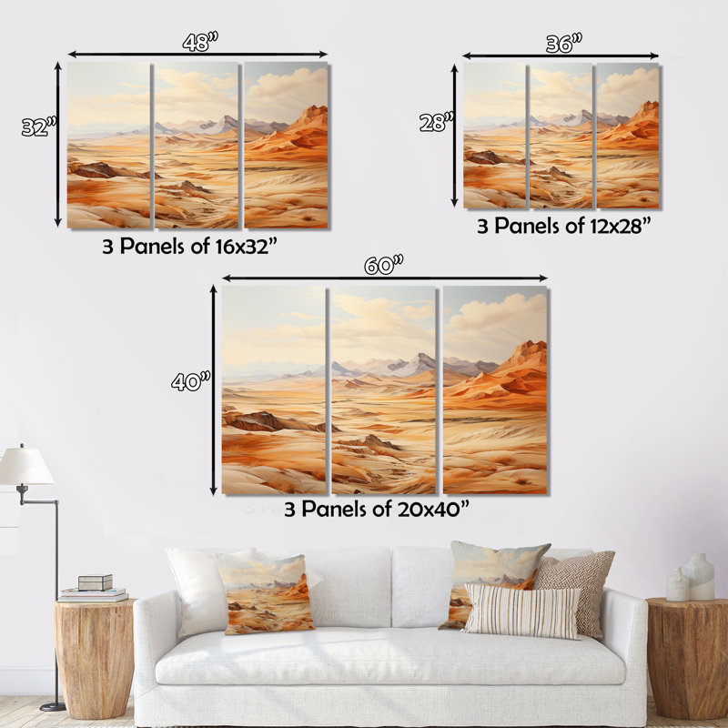 Égypte, désert antique II sur toile, reproduction de 3 pièces, H 28 po x l 36 po x P 1 po
