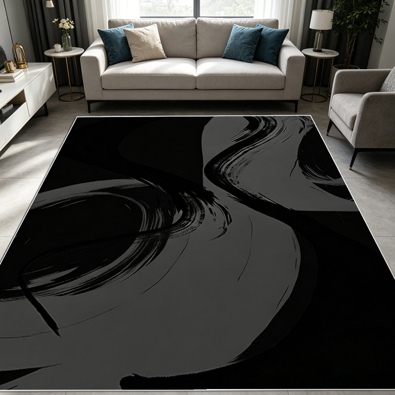 1PC Black and Gray Abstract Fluid Swirl Modern Minimalist Art area rugs for Living Room, Soft and Comfortable, Suitable for all seasons, easy-to-maintain, machine washable Indoor floor mat, Under Table Farmhouse suitable for dining table, bedroom,