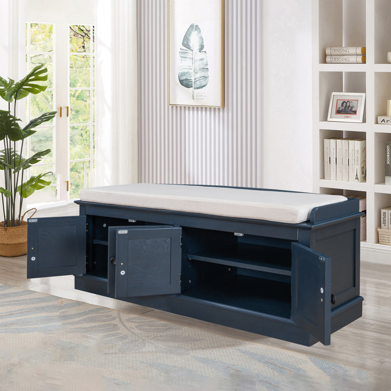 43" Wide Shoe Storage Bench With Cushion Entryway Bench Storage Bench, Blue