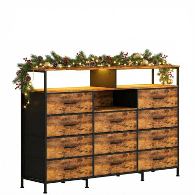 Commode pour chambre à coucher avec lumières DEL et station de charge, commodes à 11 tiroirs et commodes, structure en acier, plateau en bois, meuble télé en tissu de 55 po pour chambre à coucher, couloir, rangement, vestibule