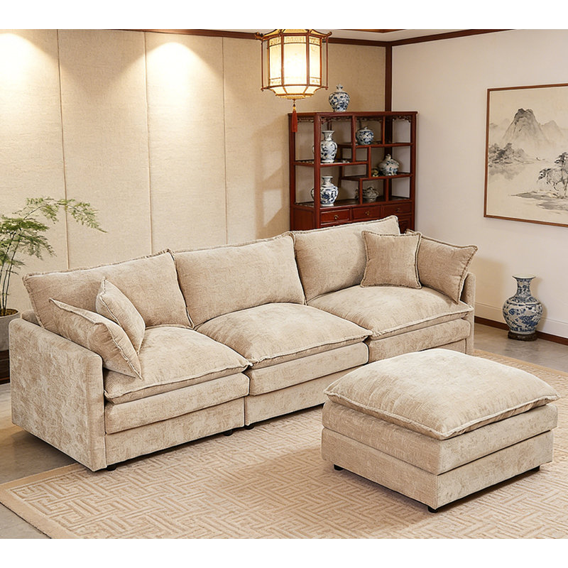 3-Seater Comfy Cloud Couches With Movable Ottoman, Coffee