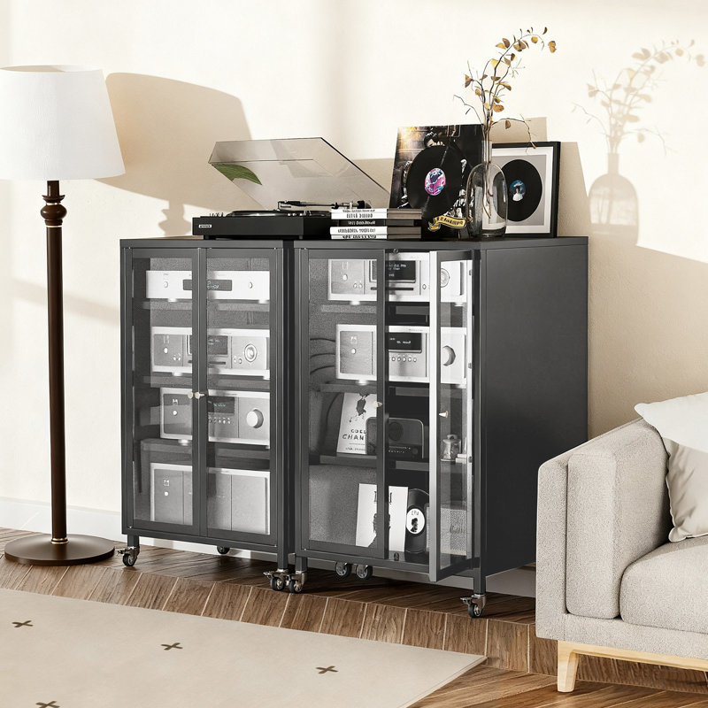 35.8" High Media Storage Cabinet With Wheels, AV Stereo TV Stand With 4 Adjustable Glass Shelves & Door, Heavy-Duty Steel Frame For Living Room, Easy Assembly