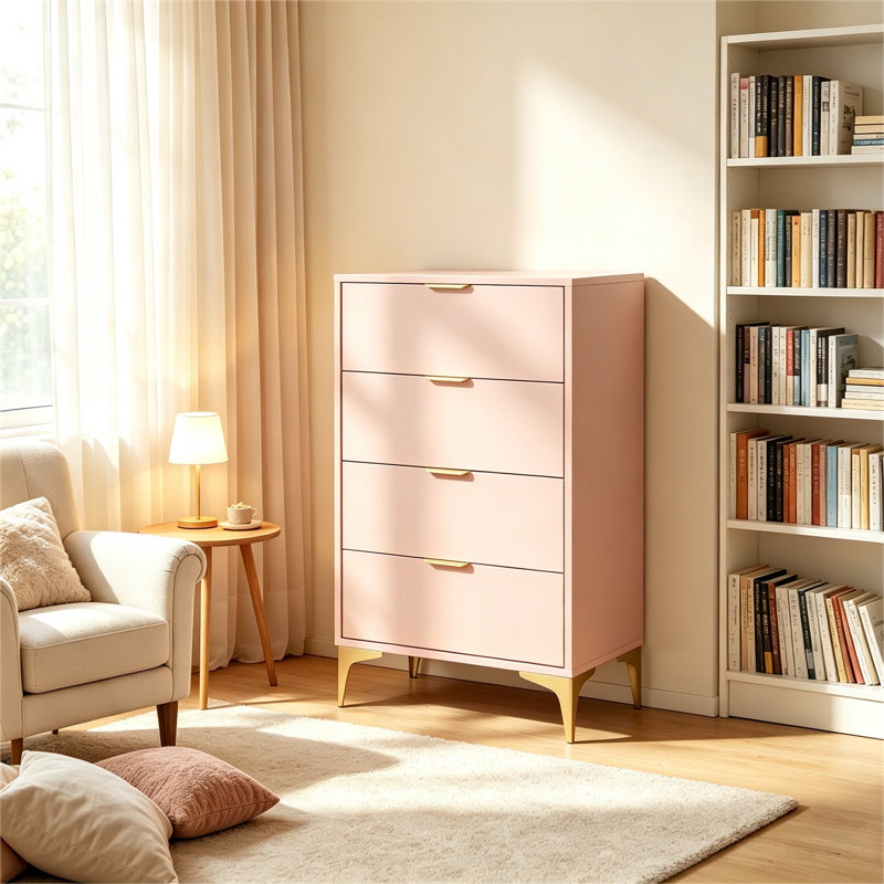 Commode 4 tiroirs pour la chambre à coucher, unité de rangement pour armoire de rangement, commode - rose, Rose