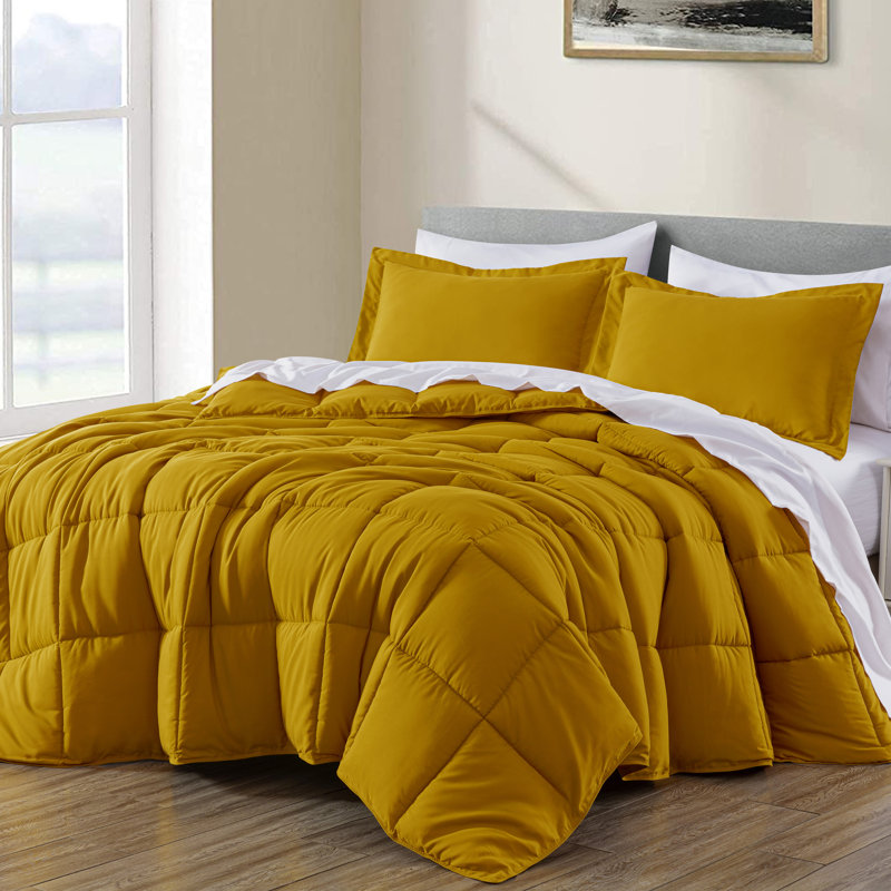 Peachskin Microfiber Bedding Box Stitch Comforter, Oversized Queen Comforter + 2 Pillow Shams, Mustard