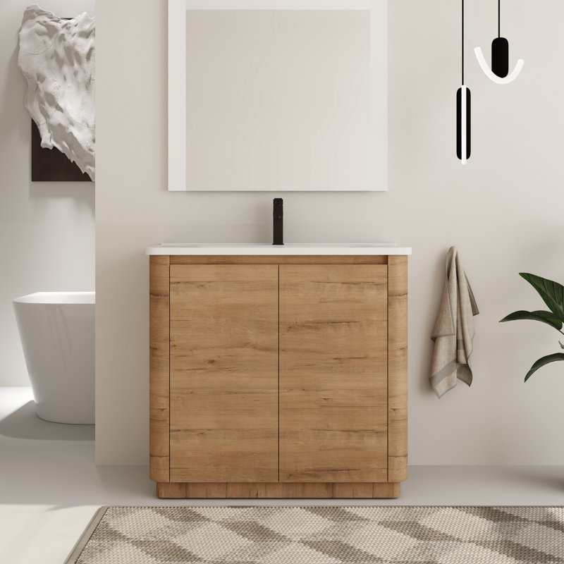 Ensemble de meuble-lavabo simple 36 po avec comptoir en céramique Addisin, Imitation chêne, 36"