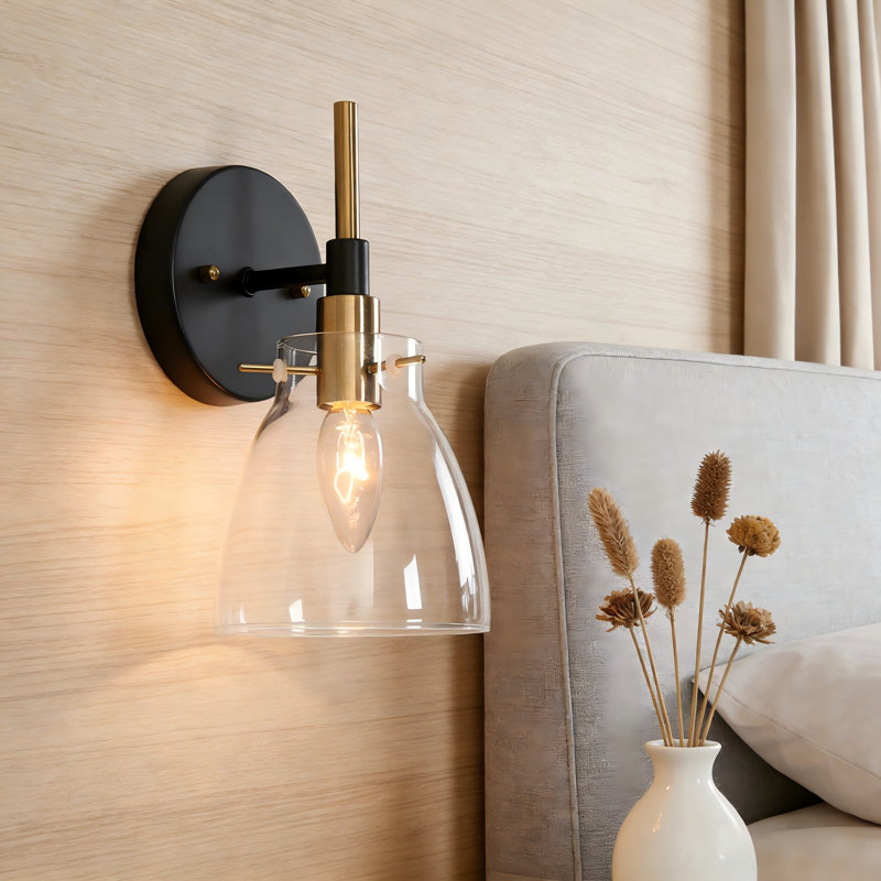  1 - Light Dimmable Black/Brass Armed Sconce, Cone