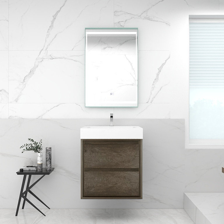 Ensemble de meuble-lavabo simple mural 24 po Azden, Chêne fumé
