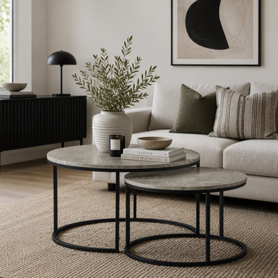 2-Piece Round Nesting Coffee Table Set with Faux Marble Top