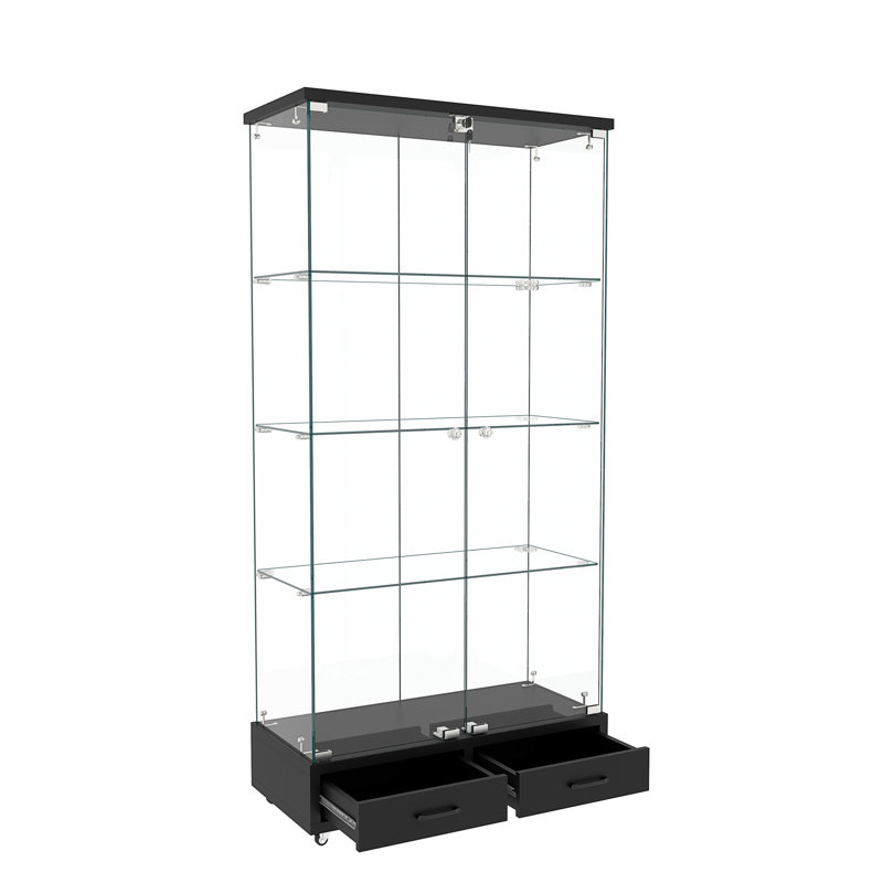 Vitrine moderne en verre avec 2 grands tiroirs, Noir