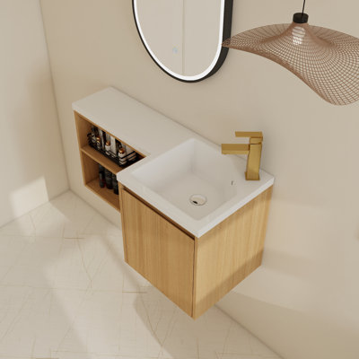 36" Corner Wall-Mounted Bathroom Vanity Set With Right Resin Sink, Floating Vanity With Soft Close Door And Shelf