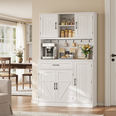Armoire de rangement pour garde-manger de 71 po de hauteur avec lumière DEL et station de charge, huche de cuisine avec tablette à micro-ondes et 6 crochets, tablettes de porte et tiroir et tablettes réglables pour la salle à manger
