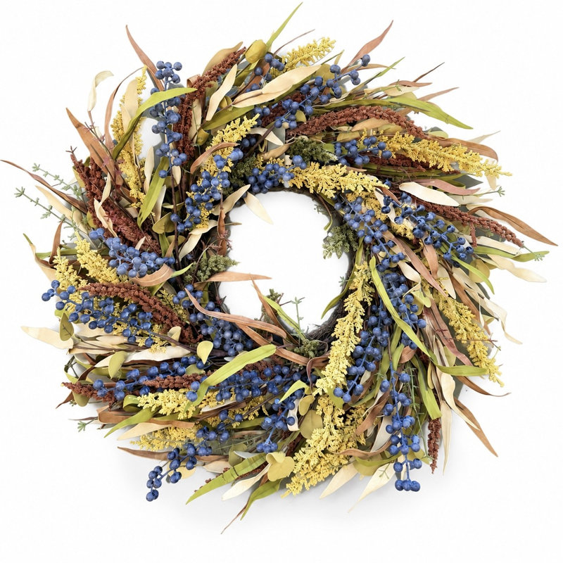 Couronne de porte d'entrée en herbe séchée artificielle de 61 cm (24 po) avec feuillage d'automne et baies, décor mural rustique pour la récolte d'automne et Thanksgiving