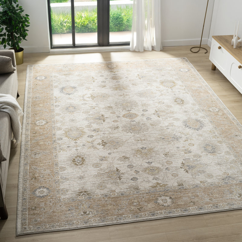 Selina Cream/Brown Traditional Floral Filigree Performance Woven Indoor Area Rug, 10' x 14'