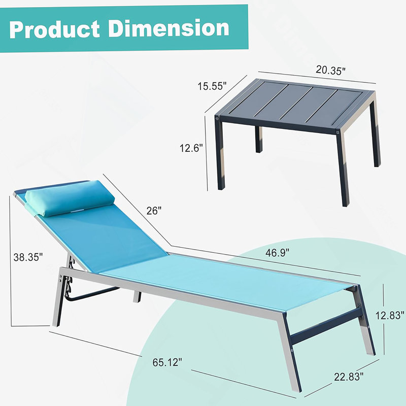 Ensemble de chaises longues réglables en aluminium avec tissu Textilene, idéal pour la détente en plein air et les bains de soleil