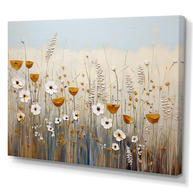 Élégance florale beige - Fleurs murales, art mural, Toile tendue, H 12 po x l 20 po x P 1 po