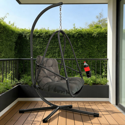 Fauteuil à œufs pivotant avec support JESE - Coussin résistant aux rayons UV et imperméable inclus, avec porte-gobelet - Chaise hamac suspendue intérieure / extérieure pour patio, chambre à coucher, balcon, jardin (noir)