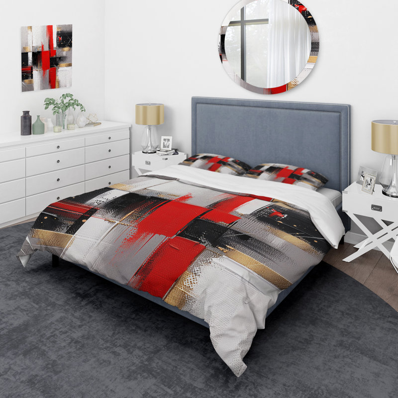 Ensemble de housse de couette en microfibre / polyester à motif abstrait rouge et or Cubic