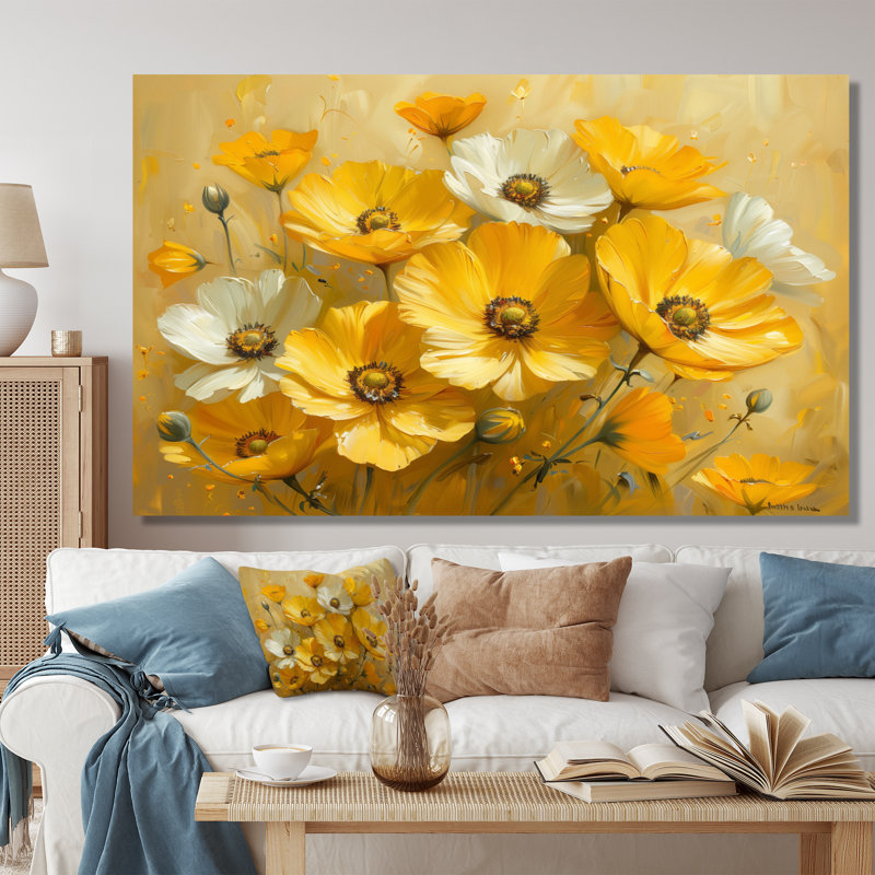 Décoration murale jaune avec bouton d'or jaune Grace Flowers I - Bouton d'or, Toile tendue, 28" H x 60" W
