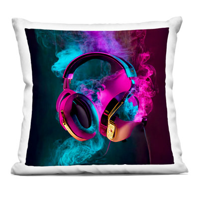 Power Play Pink & Blue Headphones Decorative Printed Throw Pillow, design by Sasha