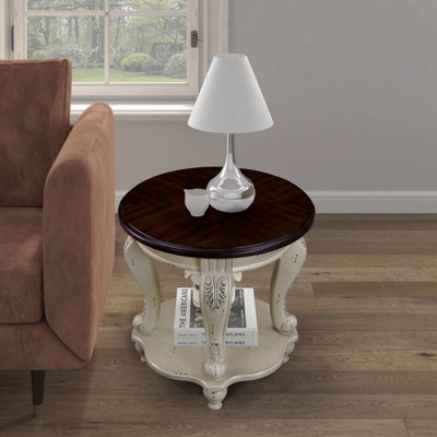 Table de bout ronde, canapé en bois massif deux tons, table d'appoint avec tablette et table de coin de 22 po