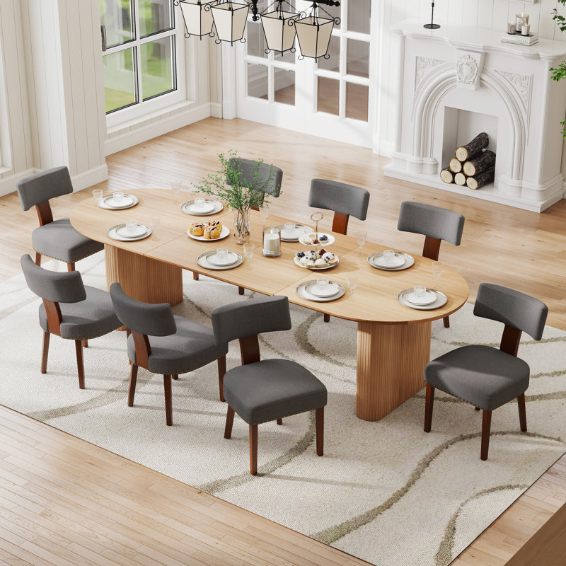 Ensemble de salle à manger 9 pièces Mid-Century moderne, table extensible 59 po à 90 po et 8 chaises en tissu, maison de campagne pour la cuisine, salle à manger