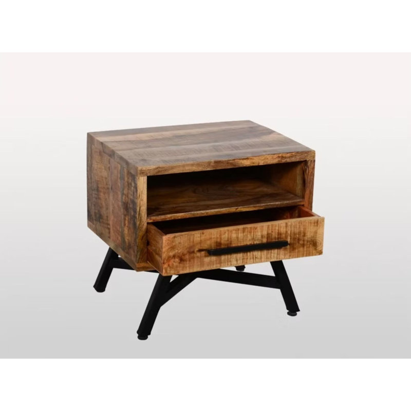 Table de chevet en bois de manguier avec tiroir et tablette de rangement ouverte