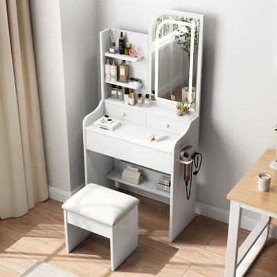 Miroir de salle de bain avec table et lumières - 3 tiroirs, blanc, style tendance, qualité et design élégant