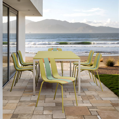 4-Pack Modern Striped Color Block Chairs – Indoor/Outdoor PP Plastic Seat & Sturdy Metal Legs, Vibrant Yellow, Orange, Green – For Living Room, Balcony, Café, Terrace