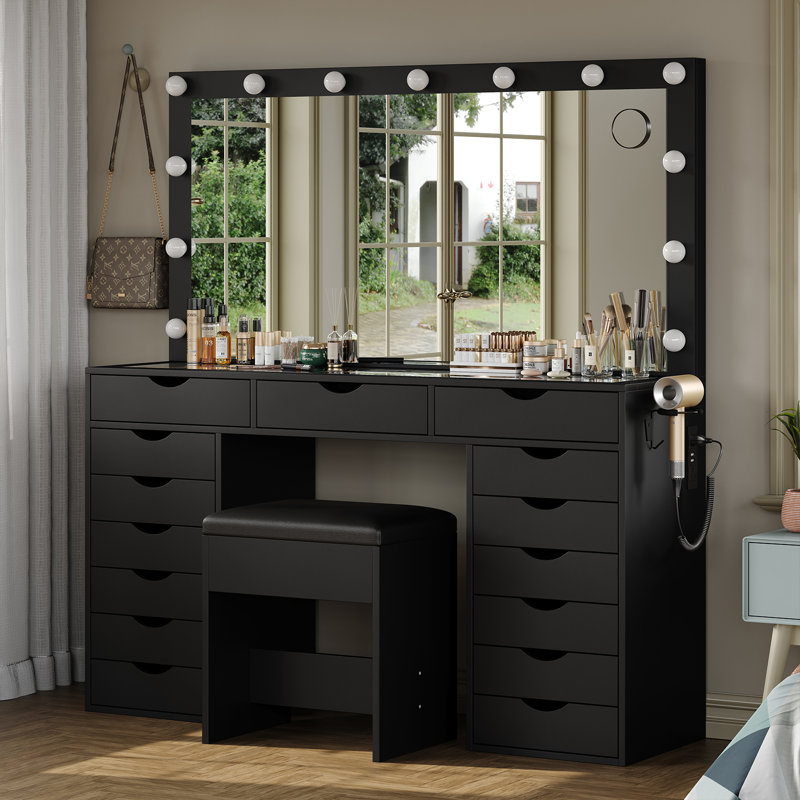 Dressing Table with LED Mirror, 15 Drawers, Power Outlet, Glass Top, 3 Lighting Modes, Stool, Black